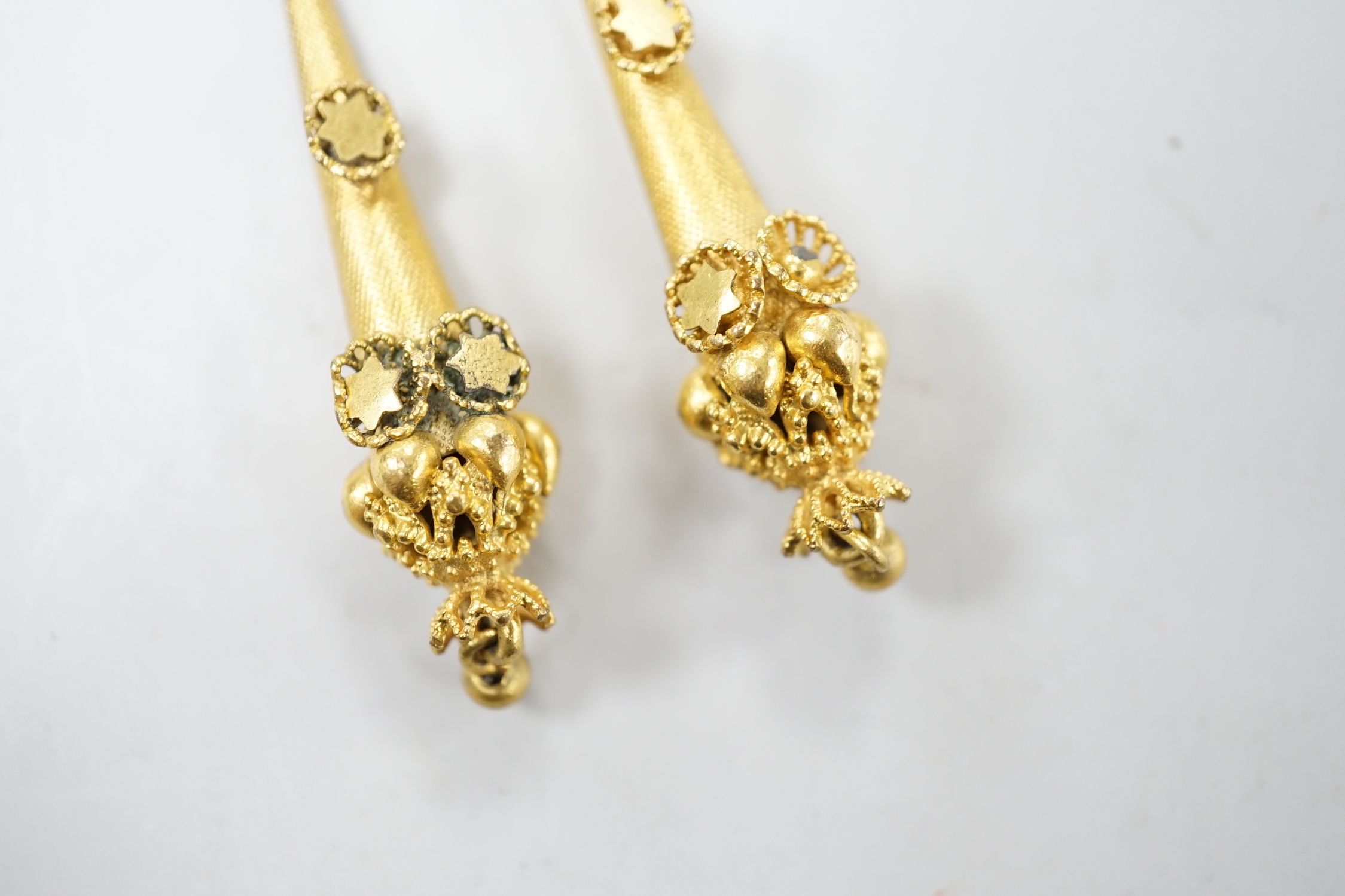 A pair of Victorian yellow metal conical shaped drop earrings, 56mm, gross weight 8.6 grams.